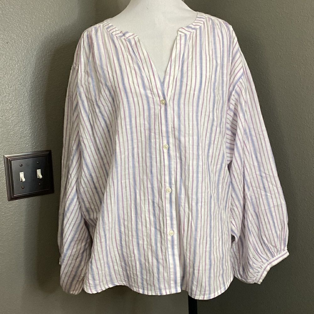Loft Oversized Puff Sleeve Round Hem Button Up Blouse - Picture 14 of 15